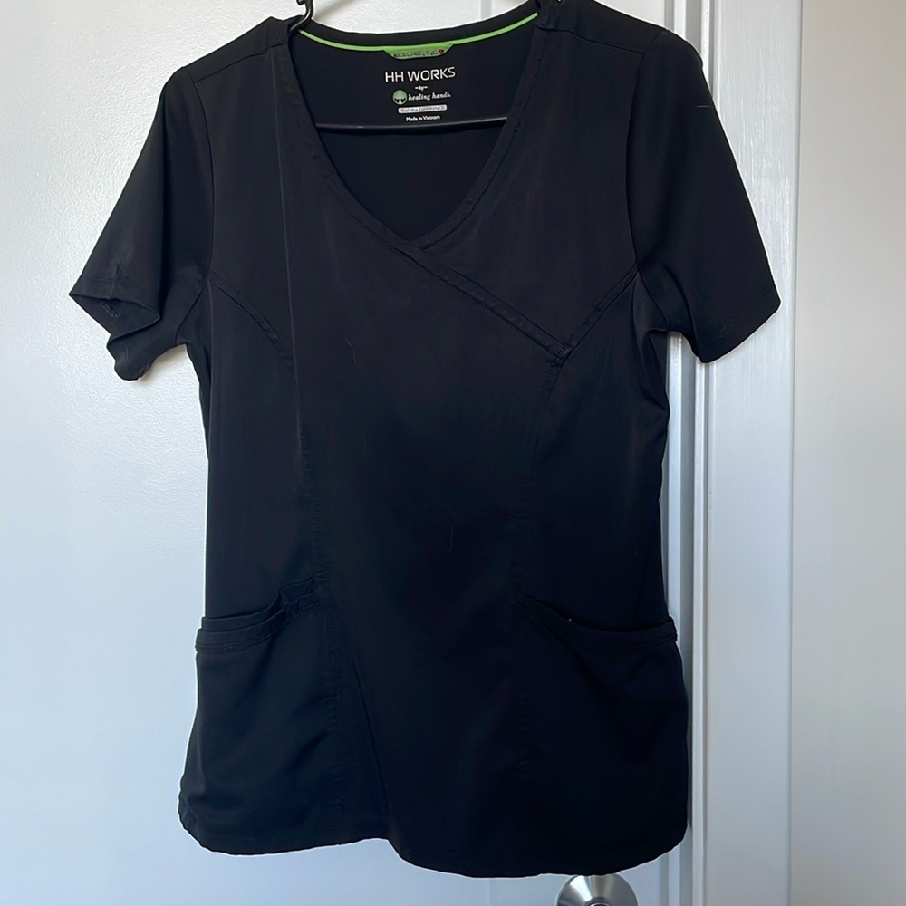 healing hands Black V-Neck Scrub Top with Contrast Trim